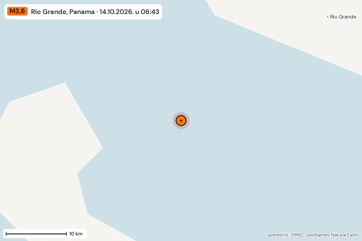 Karta: okolica epicentra, 60 km, potres M3,6, Río Grande, Panama, 14.10.2026.