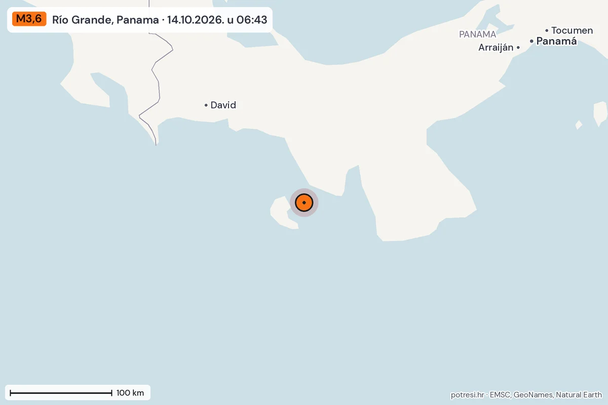 Karta: šire područje, 600 km, potres M3,6, Río Grande, Panama, 14.10.2026.