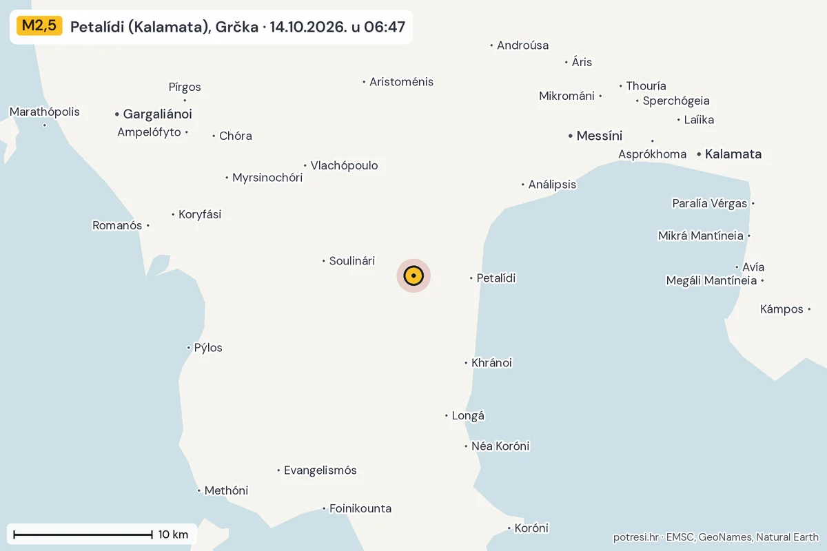 Karta: okolica epicentra, 60 km, potres M2,5, Petalídi (Kalamata), Grčka, 14.10.2026.