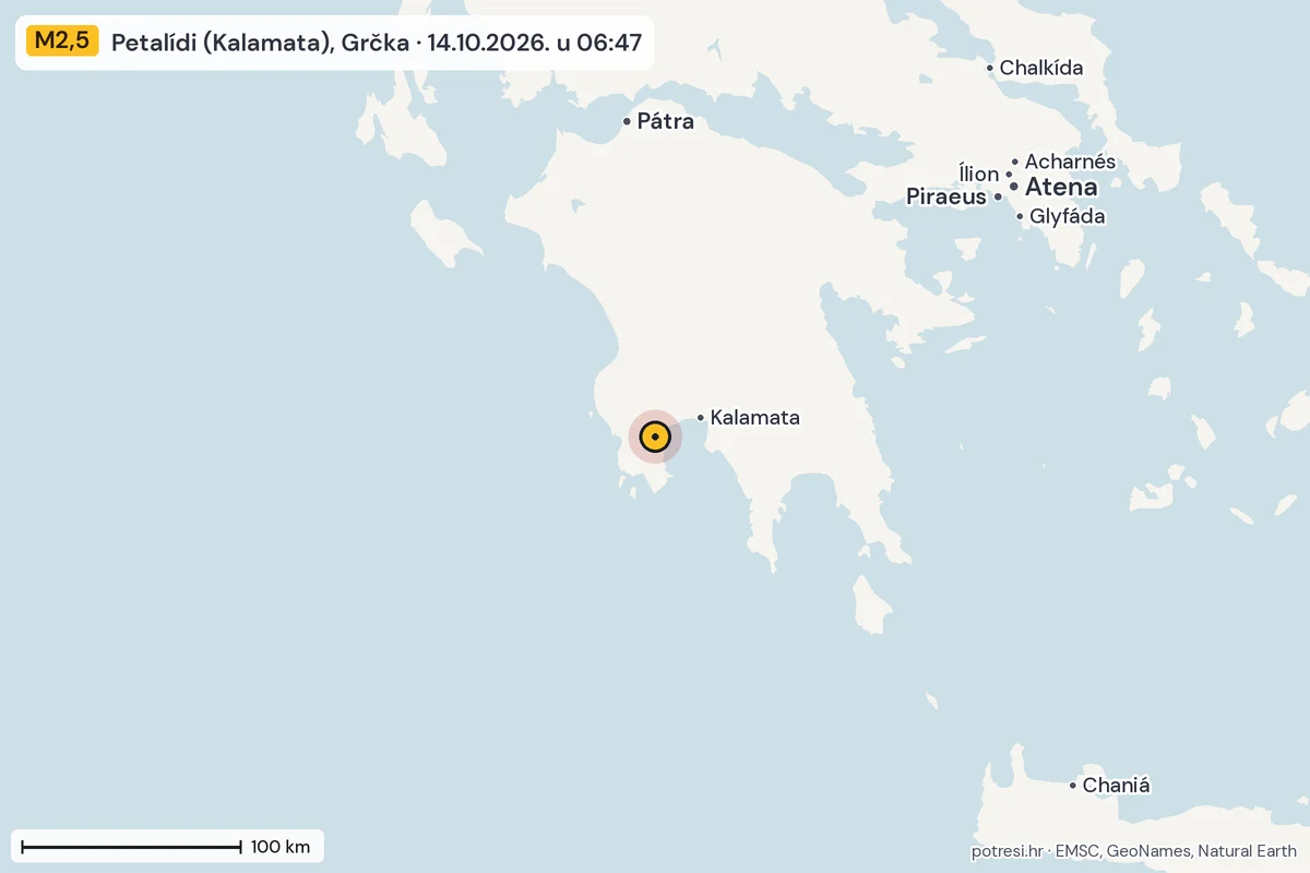 Karta: šire područje, 600 km, potres M2,5, Petalídi (Kalamata), Grčka, 14.10.2026.