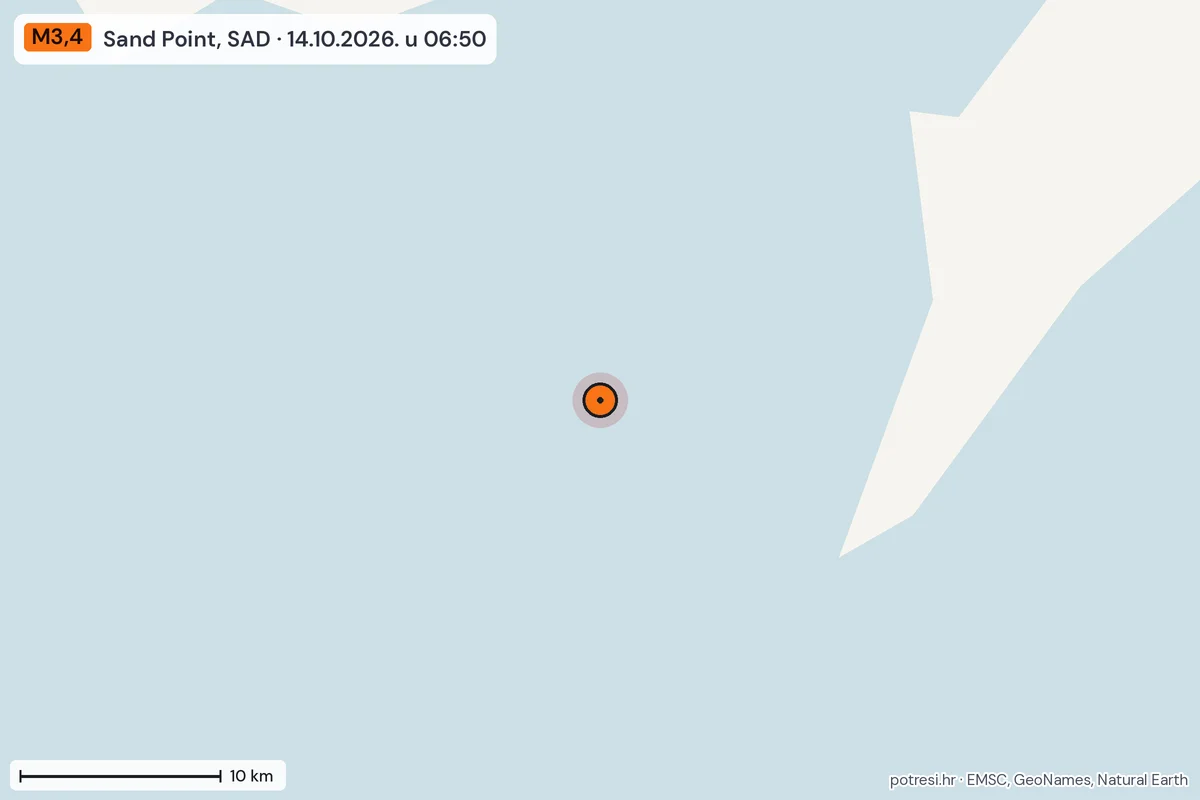 Karta: okolica epicentra, 60 km, potres M3,4, Sand Point, SAD, 14.10.2026.