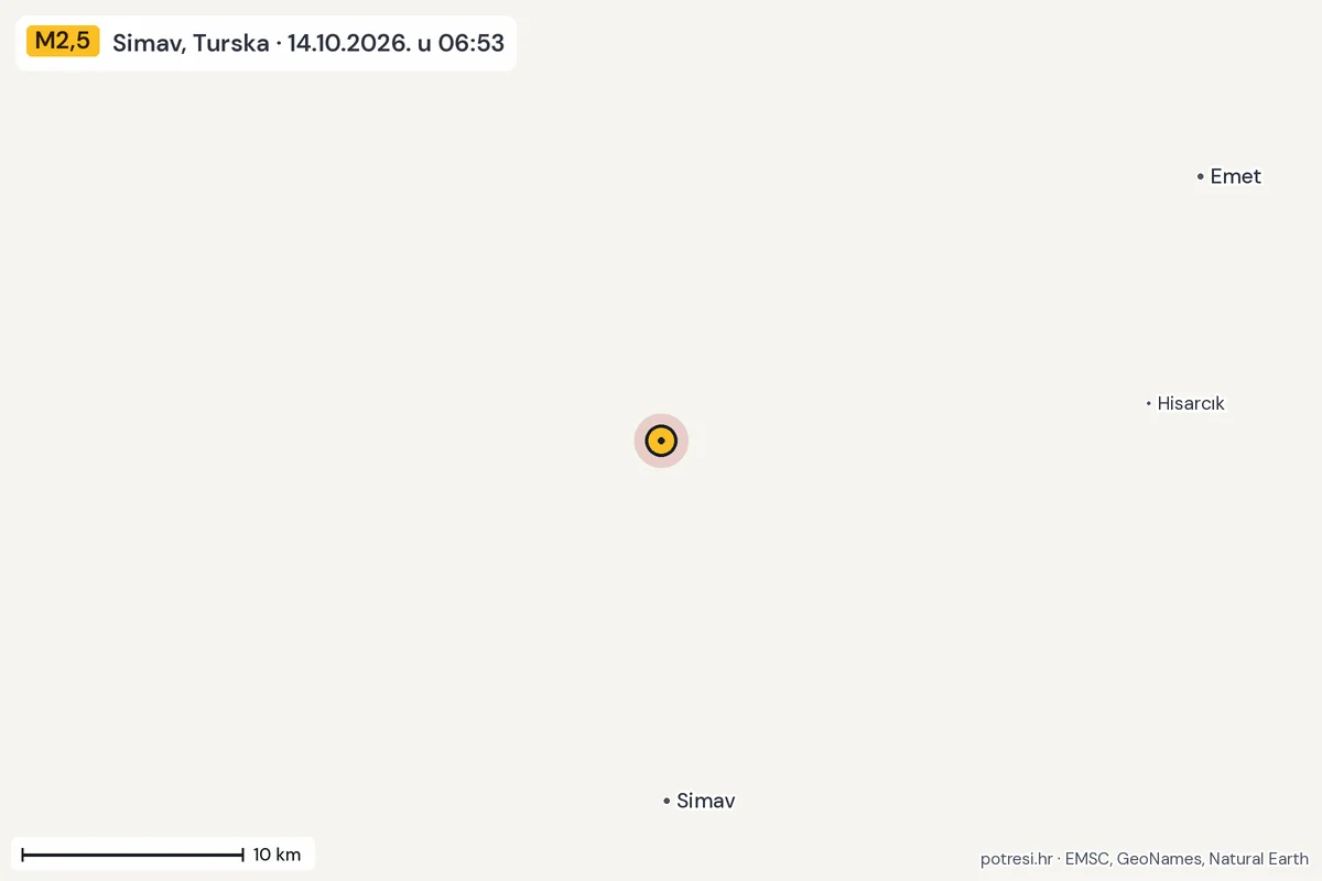 Karta: okolica epicentra, 60 km, potres M2,5, Simav, Turska, 14.10.2026.