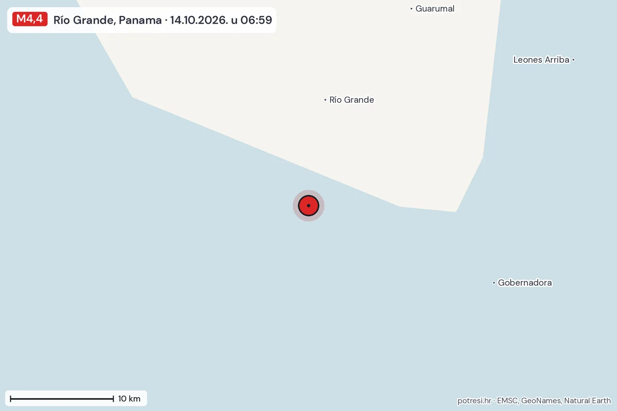 Karta: okolica epicentra, 60 km, potres M4,4, Río Grande, Panama, 14.10.2026.