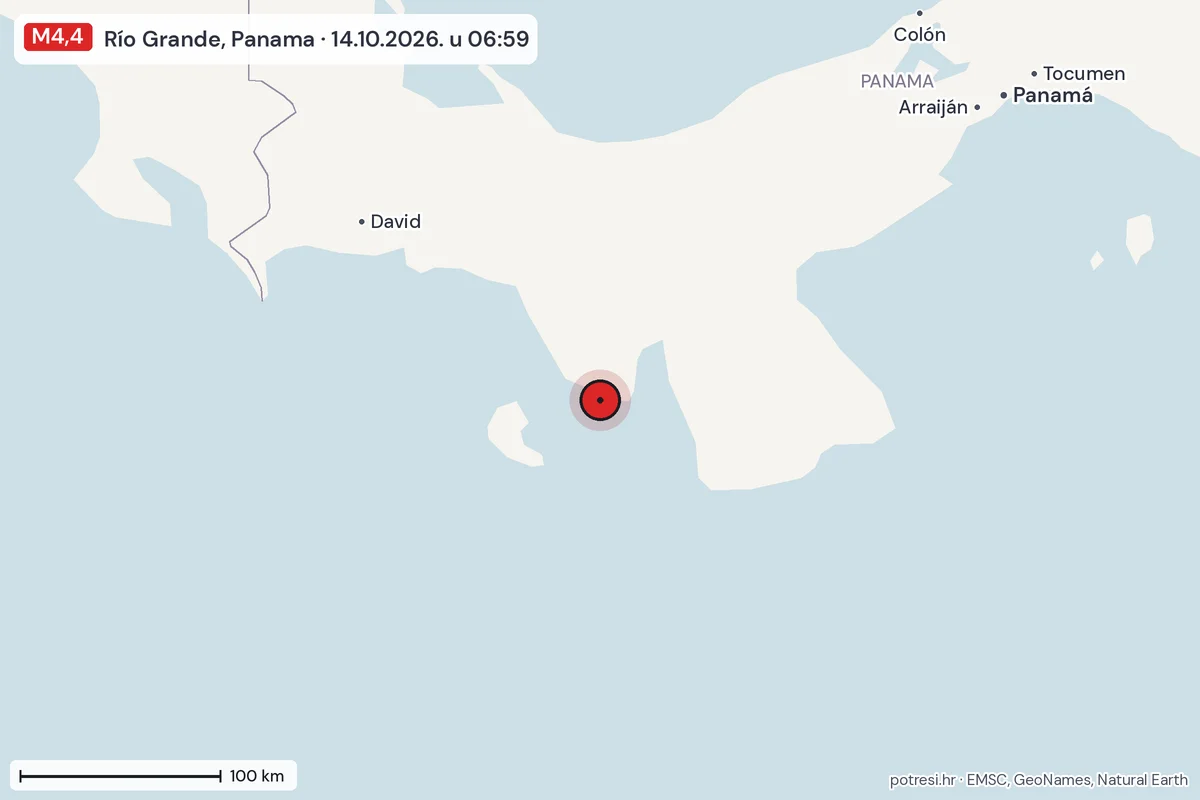 Karta: šire područje, 600 km, potres M4,4, Río Grande, Panama, 14.10.2026.