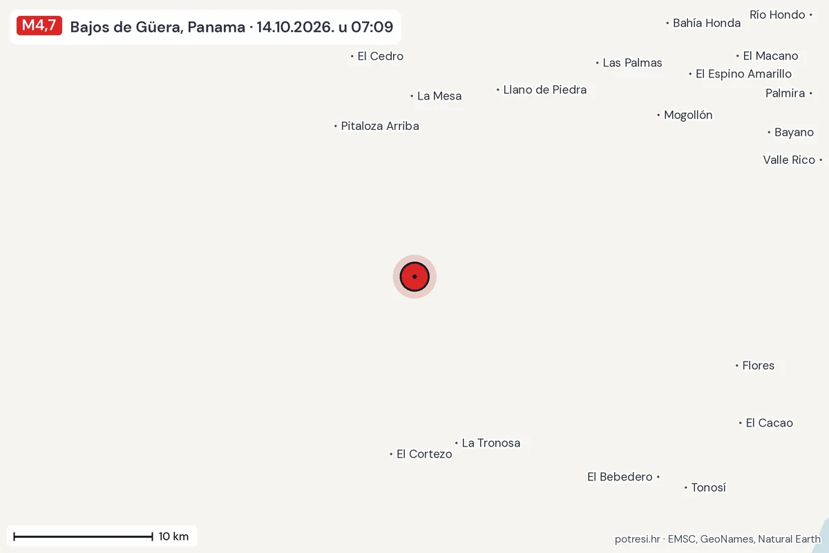 Karta: okolica epicentra, 60 km, potres M4,7, Bajos de Güera, Panama, 14.10.2026.