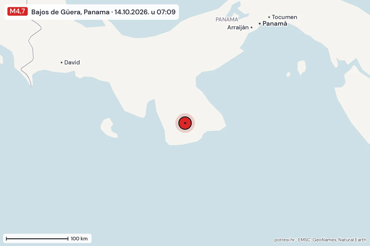 Karta: šire područje, 600 km, potres M4,7, Bajos de Güera, Panama, 14.10.2026.