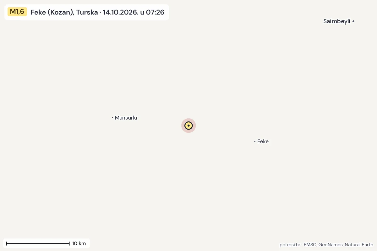 Karta: okolica epicentra, 60 km, potres M1,6, Feke (Kozan), Turska, 14.10.2026.