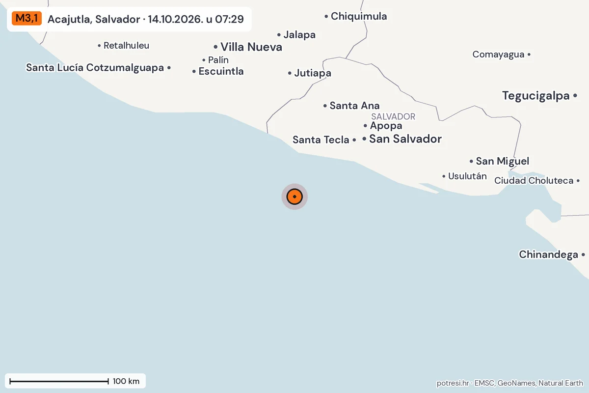 Karta: šire područje, 600 km, potres M3,1, Acajutla, Salvador, 14.10.2026.