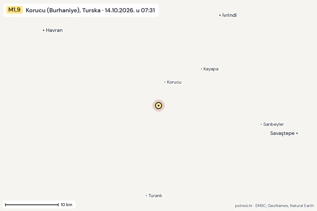 Karta: okolica epicentra, 60 km, potres M1,9, Korucu (Burhaniye), Turska, 14.10.2026.