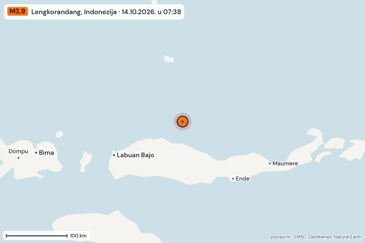 Karta: šire područje, 600 km, potres M3,9, Lengkorandang, Indonezija, 14.10.2026.