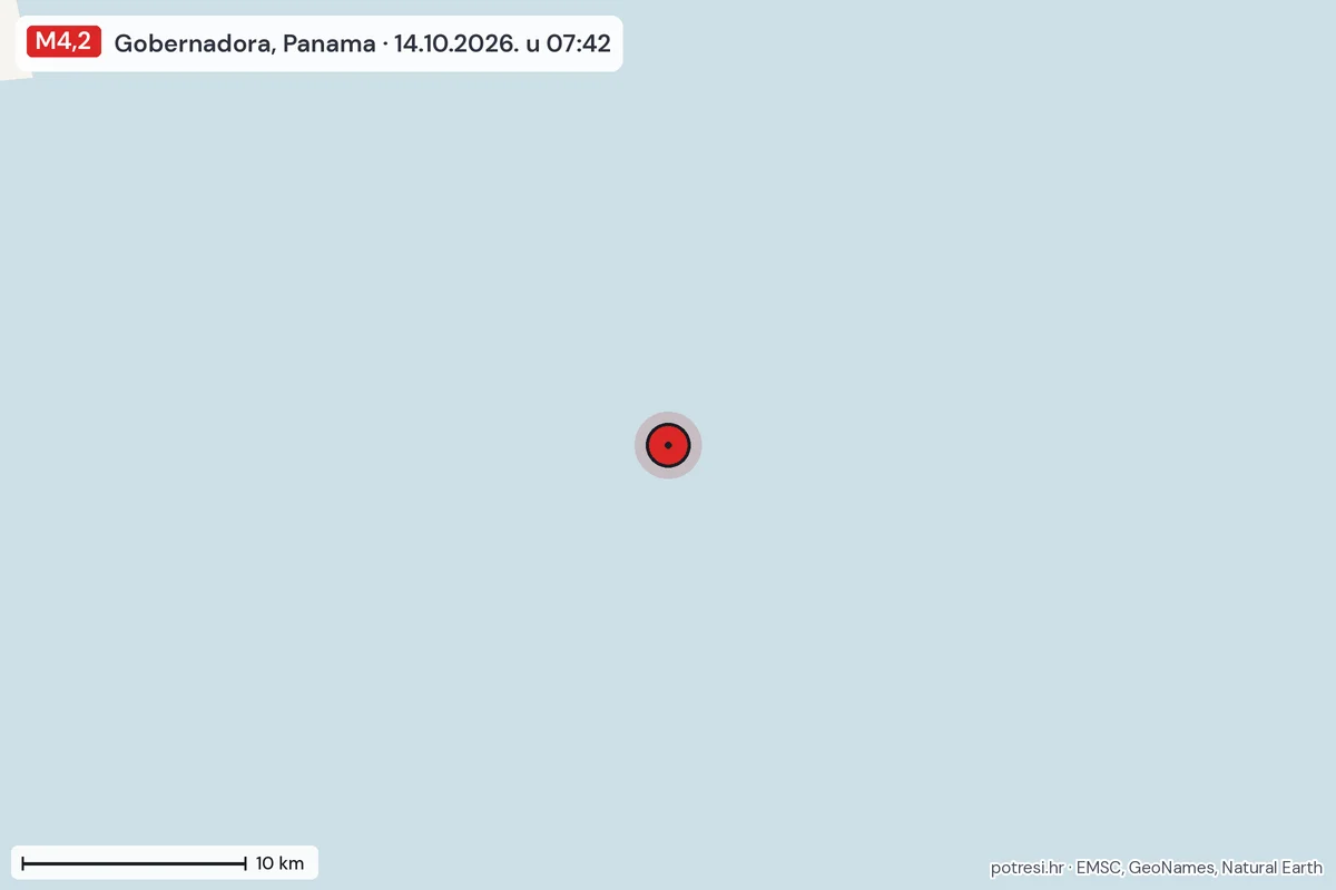 Karta: okolica epicentra, 60 km, potres M4,2, Gobernadora, Panama, 14.10.2026.