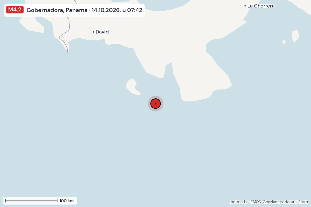 Karta: šire područje, 600 km, potres M4,2, Gobernadora, Panama, 14.10.2026.