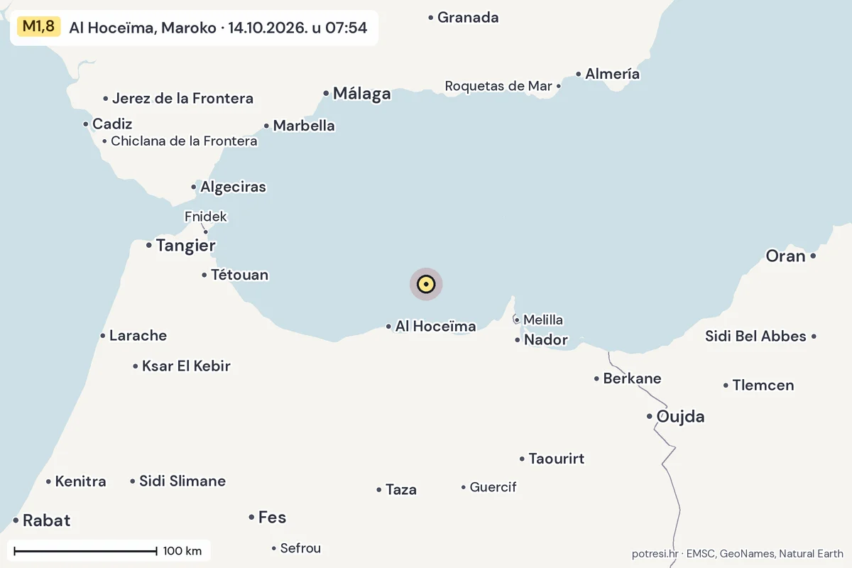 Karta: šire područje, 600 km, potres M1,8, Al Hoceïma, Maroko, 14.10.2026.
