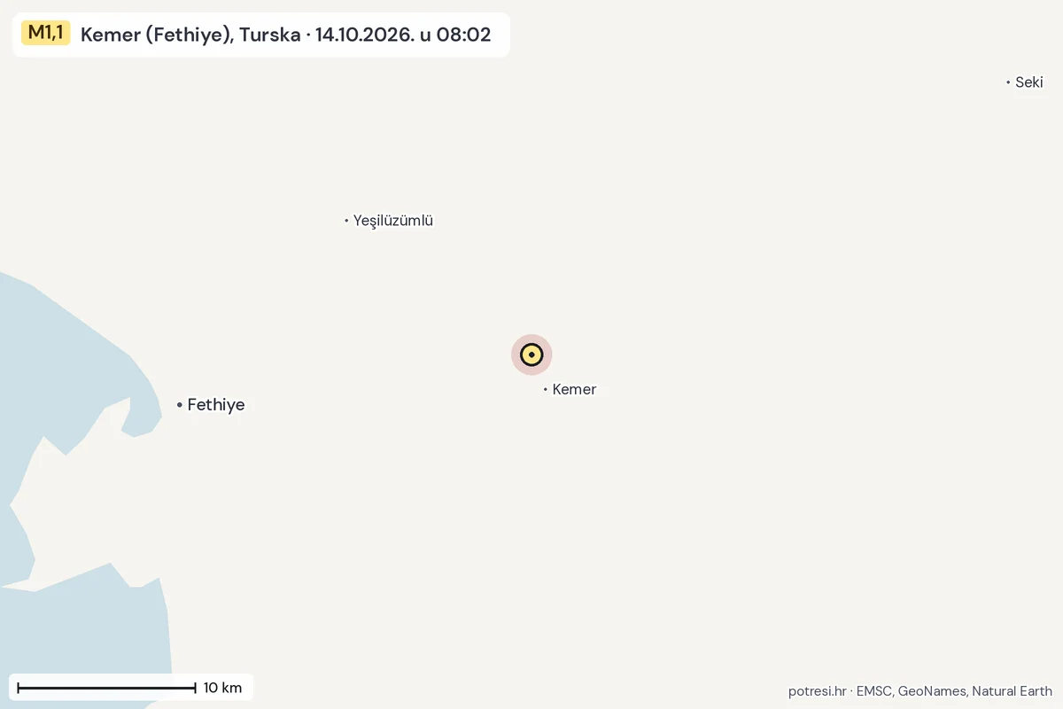 Karta: okolica epicentra, 60 km, potres M1,1, Kemer (Fethiye), Turska, 14.10.2026.