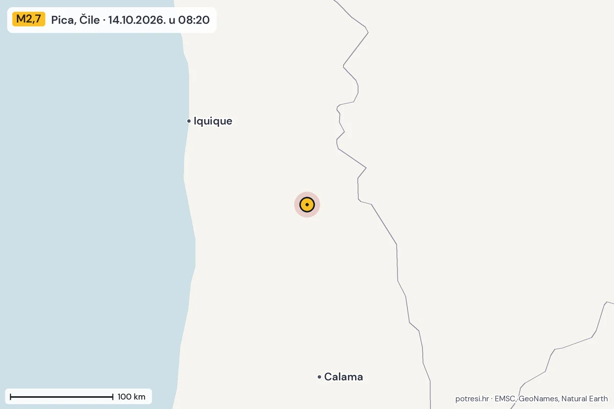 Karta: šire područje, 600 km, potres M2,7, Pica, Čile, 14.10.2026.
