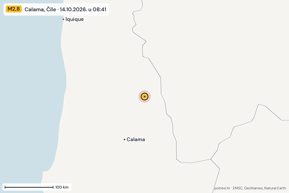 Karta: šire područje, 600 km, potres M2,8, Calama, Čile, 14.10.2026.