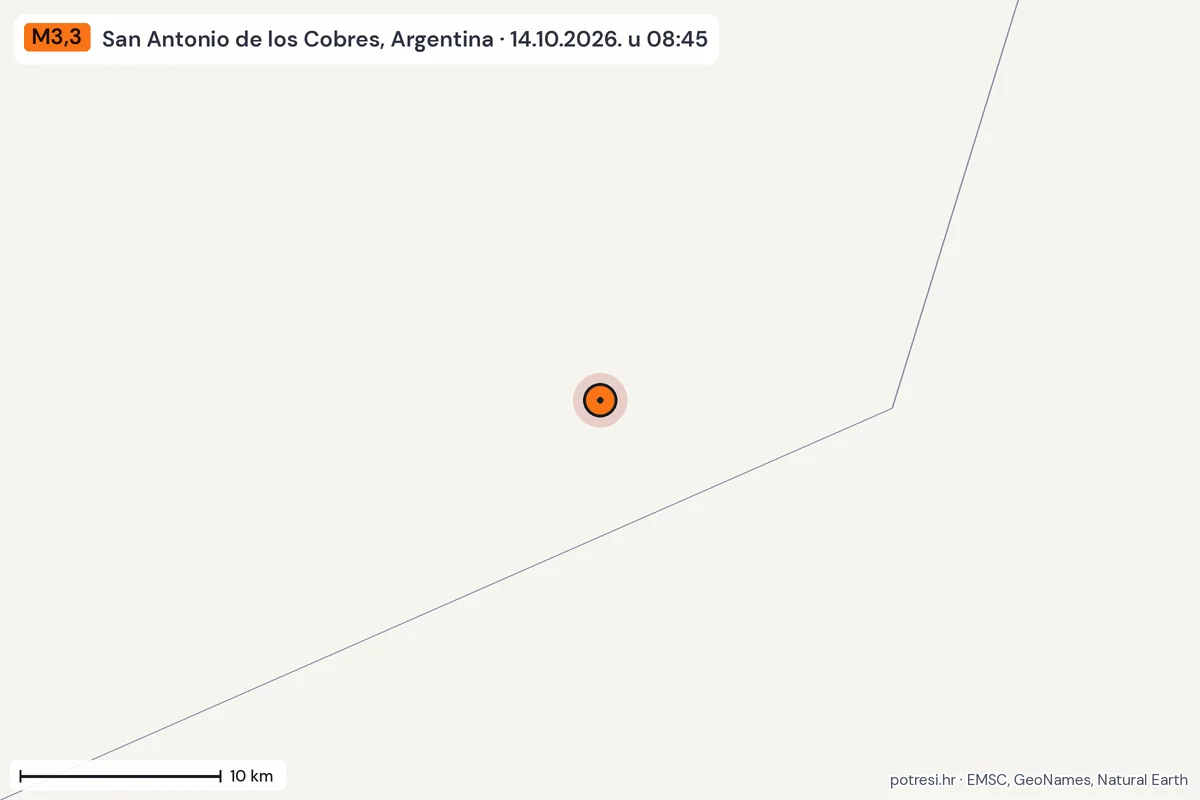 Karta: okolica epicentra, 60 km, potres M3,3, San Antonio de los Cobres, Argentina, 14.10.2026.