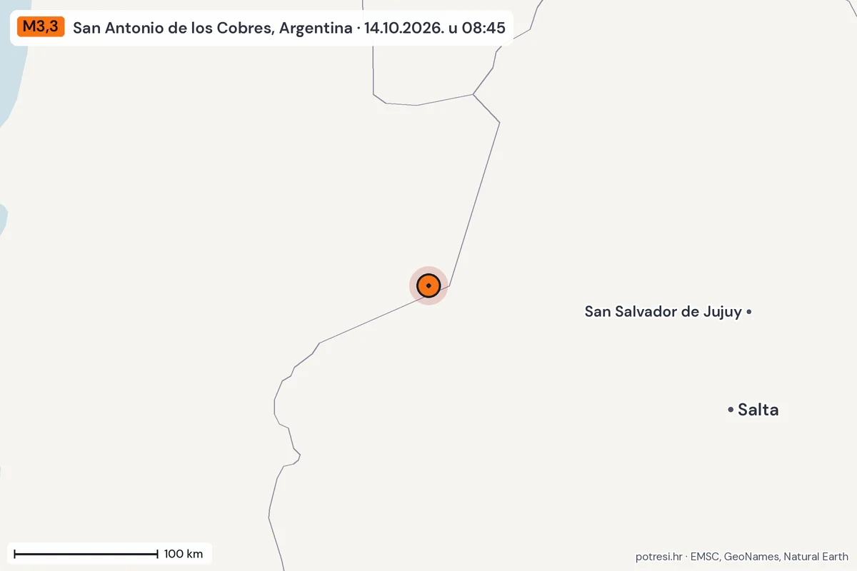 Karta: šire područje, 600 km, potres M3,3, San Antonio de los Cobres, Argentina, 14.10.2026.