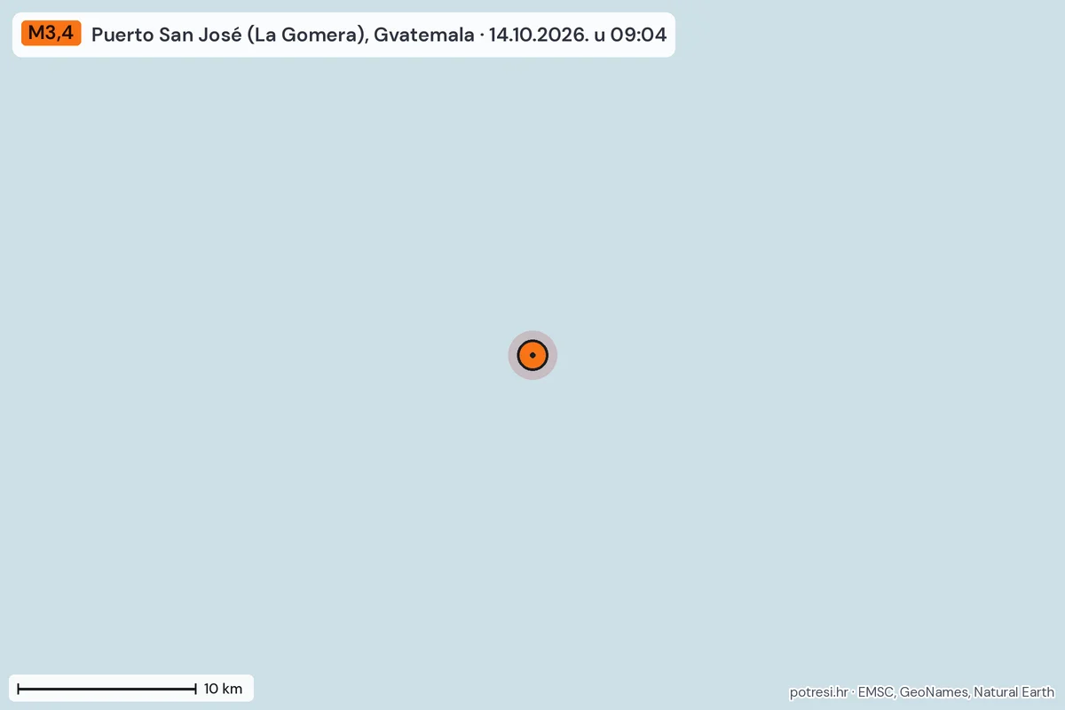 Karta: okolica epicentra, 60 km, potres M3,4, Puerto San José (La Gomera), Gvatemala, 14.10.2026.