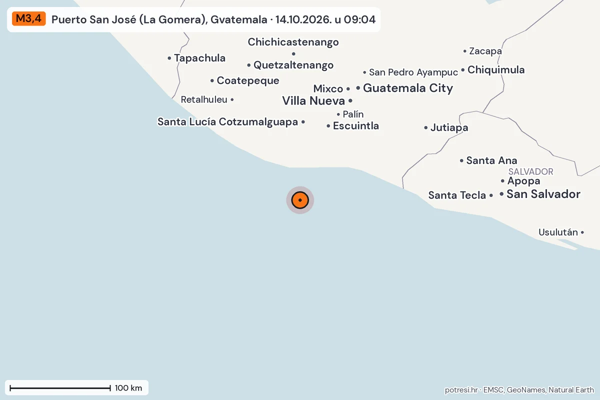 Karta: šire područje, 600 km, potres M3,4, Puerto San José (La Gomera), Gvatemala, 14.10.2026.