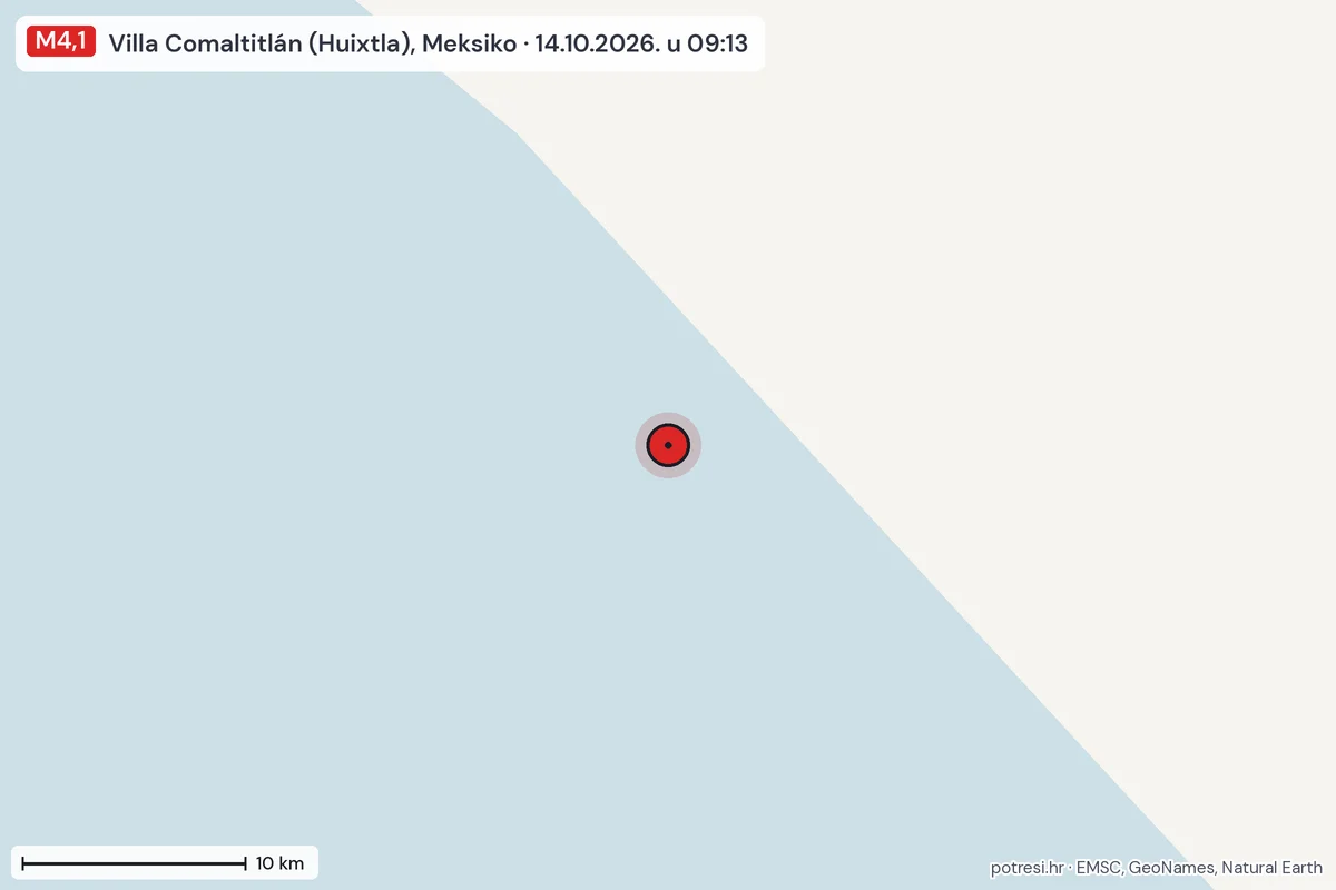 Karta: okolica epicentra, 60 km, potres M4,1, Villa Comaltitlán (Huixtla), Meksiko, 14.10.2026.