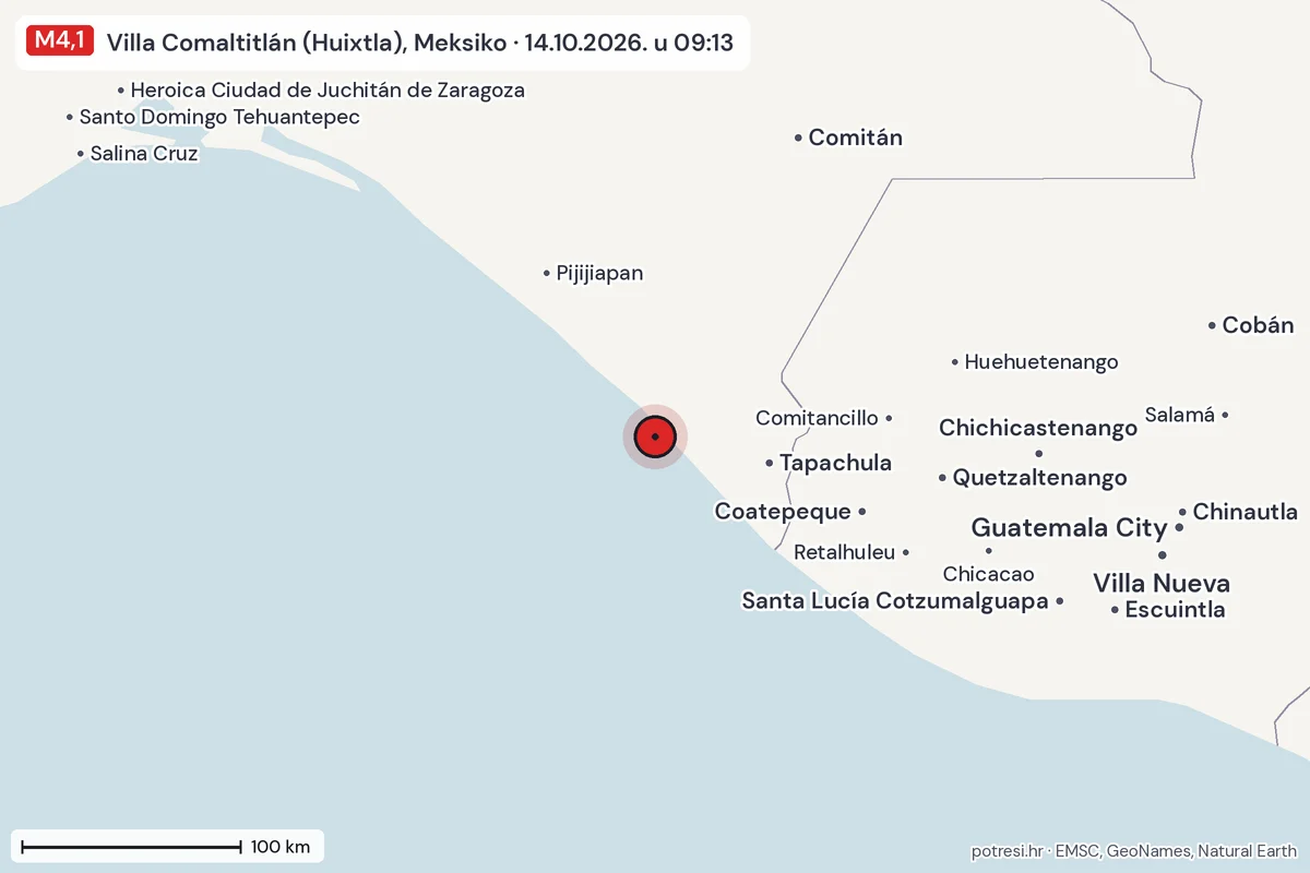 Karta: šire područje, 600 km, potres M4,1, Villa Comaltitlán (Huixtla), Meksiko, 14.10.2026.