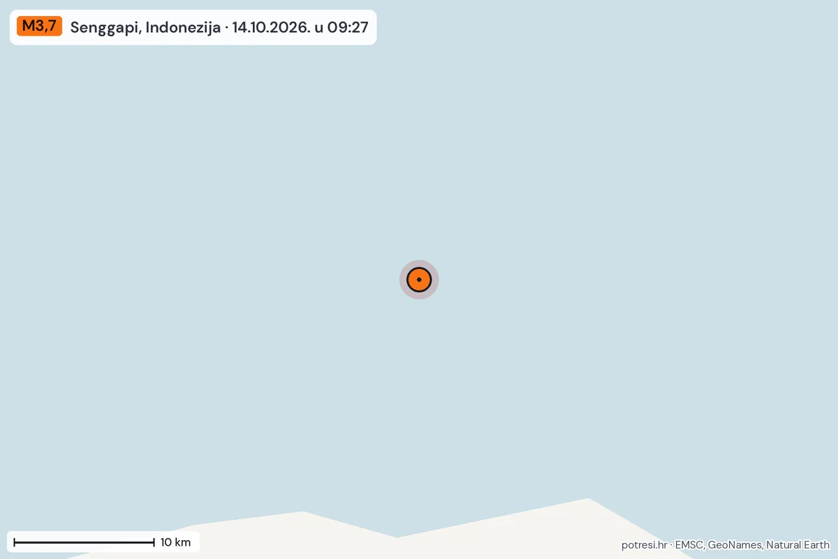 Karta: okolica epicentra, 60 km, potres M3,7, Senggapi, Indonezija, 14.10.2026.