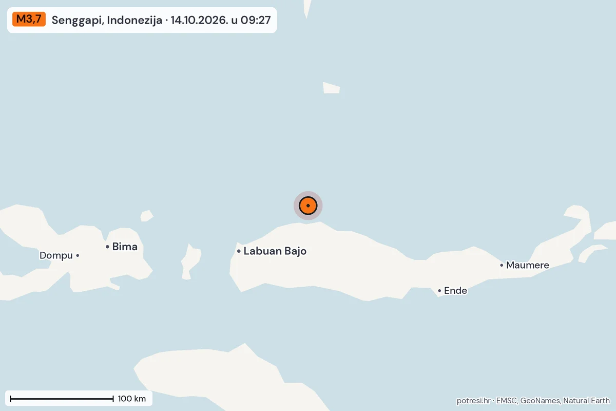 Karta: šire područje, 600 km, potres M3,7, Senggapi, Indonezija, 14.10.2026.
