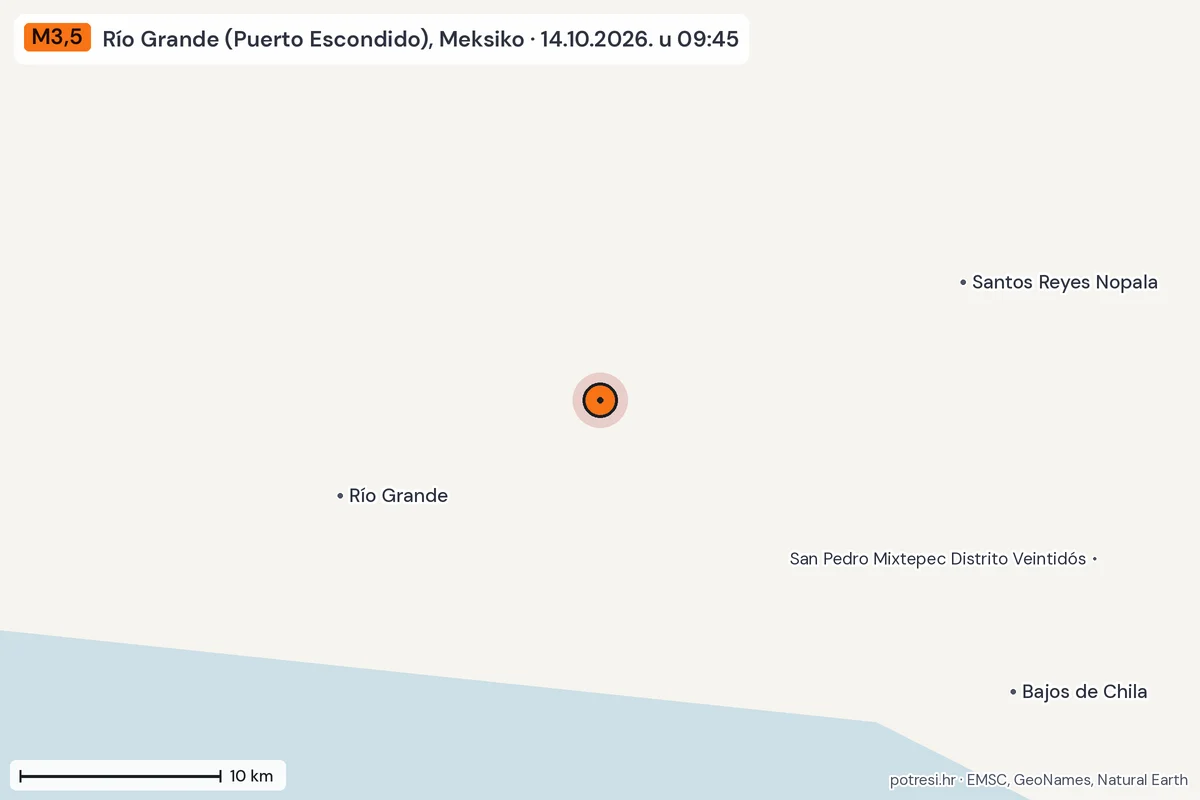 Karta: okolica epicentra, 60 km, potres M3,5, Río Grande (Puerto Escondido), Meksiko, 14.10.2026.