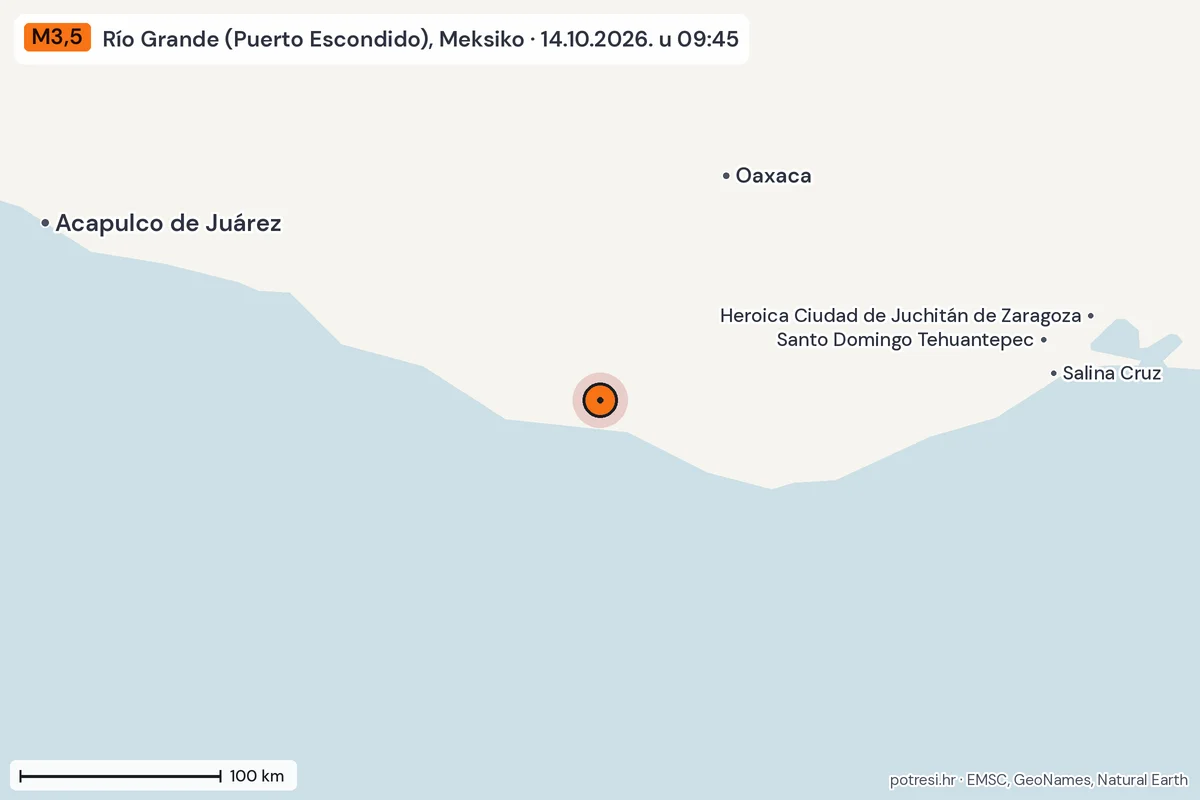 Karta: šire područje, 600 km, potres M3,5, Río Grande (Puerto Escondido), Meksiko, 14.10.2026.