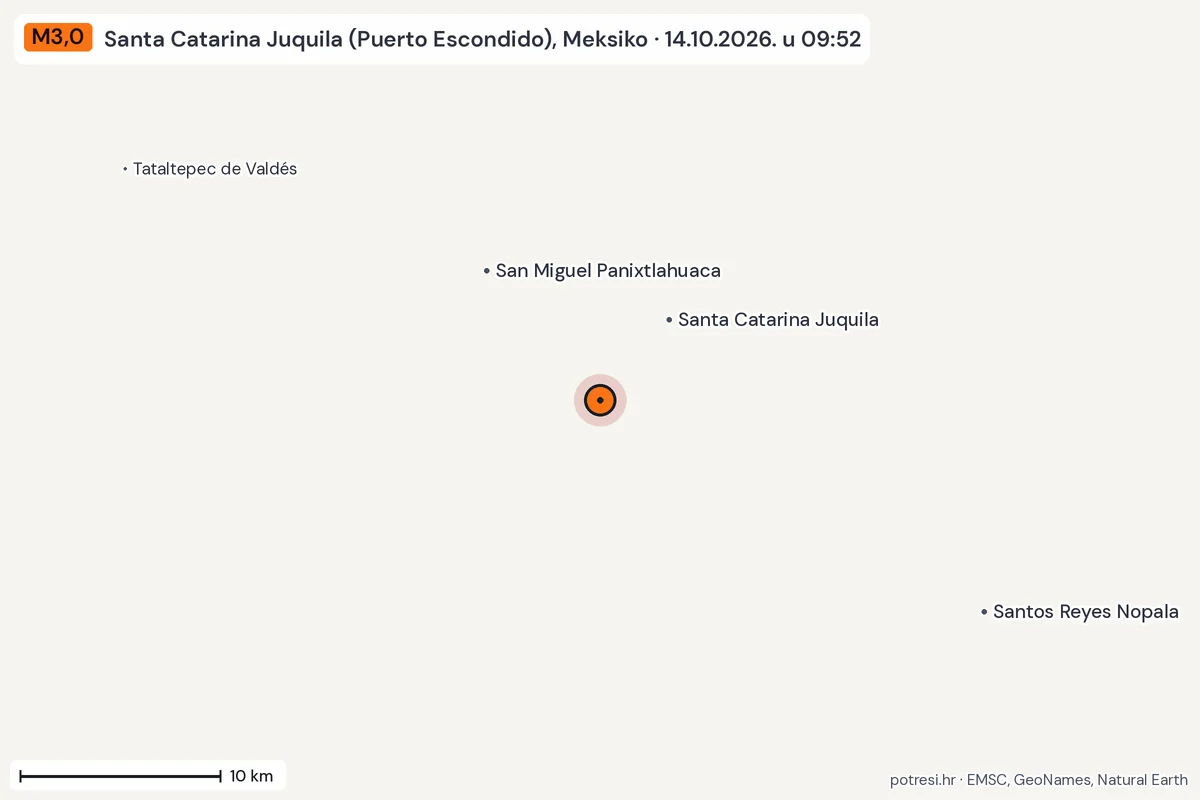 Karta: okolica epicentra, 60 km, potres M3,0, Santa Catarina Juquila (Puerto Escondido), Meksiko, 14.10.2026.