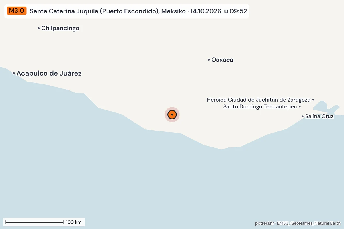 Karta: šire područje, 600 km, potres M3,0, Santa Catarina Juquila (Puerto Escondido), Meksiko, 14.10.2026.