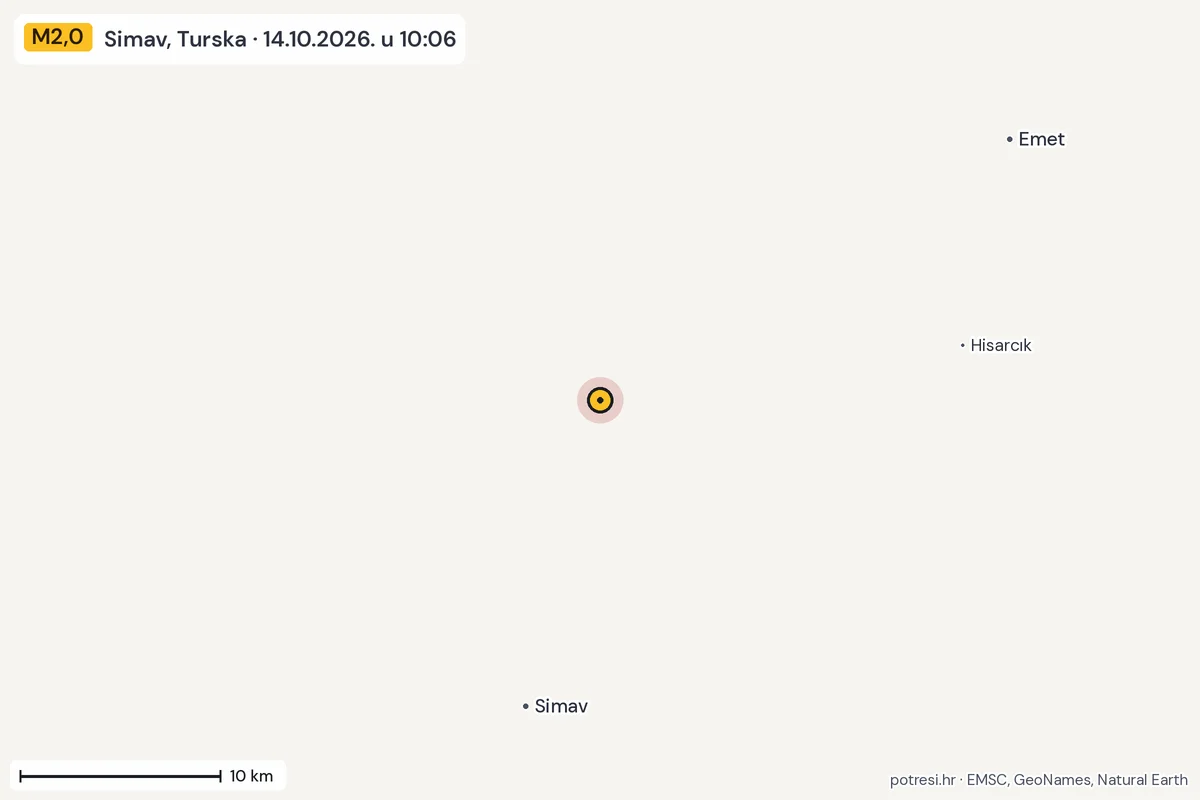 Karta: okolica epicentra, 60 km, potres M2,0, Simav, Turska, 14.10.2026.