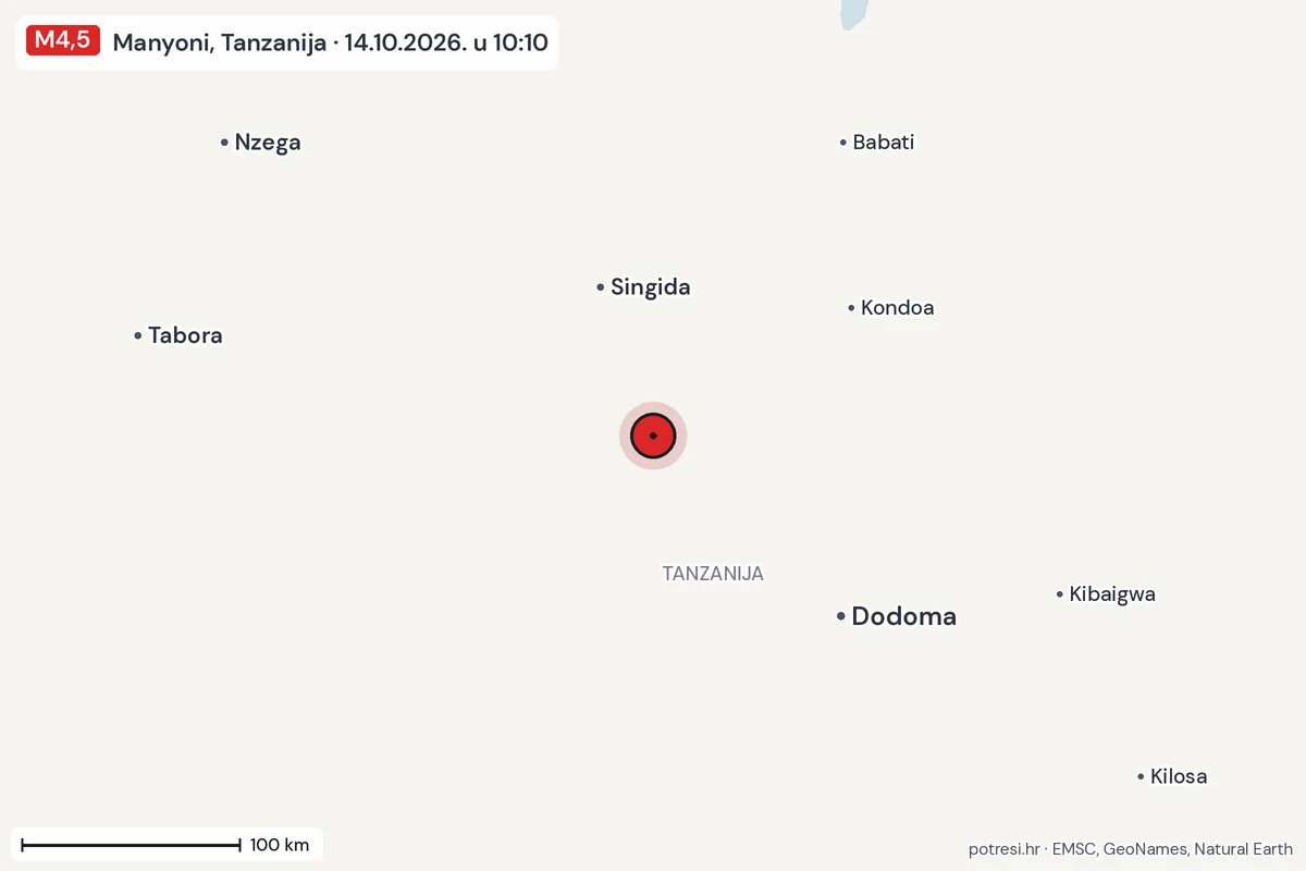 Karta: šire područje, 600 km, potres M4,5, Manyoni, Tanzanija, 14.10.2026.