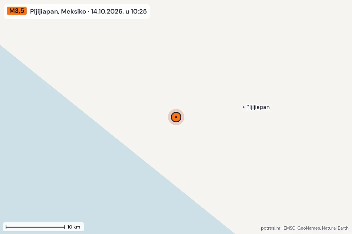 Karta: okolica epicentra, 60 km, potres M3,5, Pijijiapan, Meksiko, 14.10.2026.