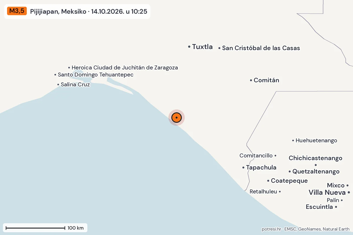 Karta: šire područje, 600 km, potres M3,5, Pijijiapan, Meksiko, 14.10.2026.
