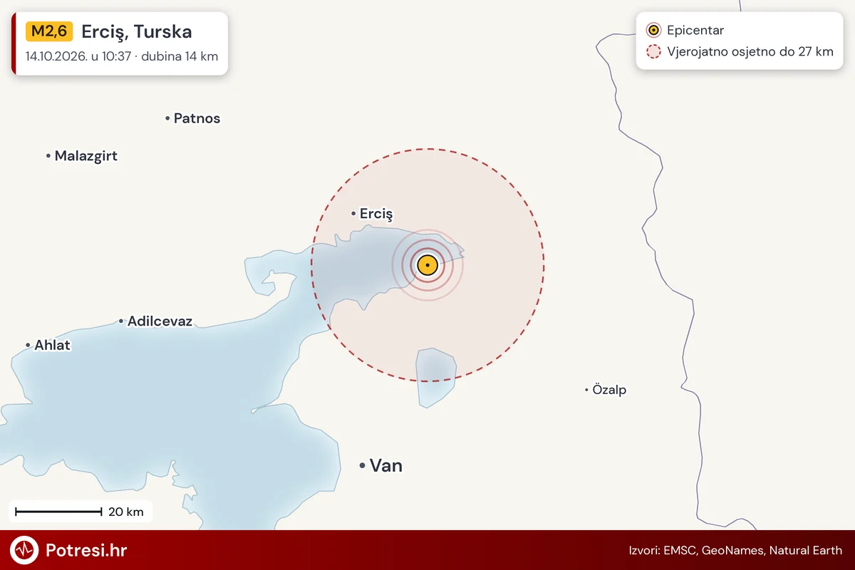 Karta: šire područje i vjerojatni doseg osjeta, potres M2,6, Erciş, Turska, 14.10.2026.