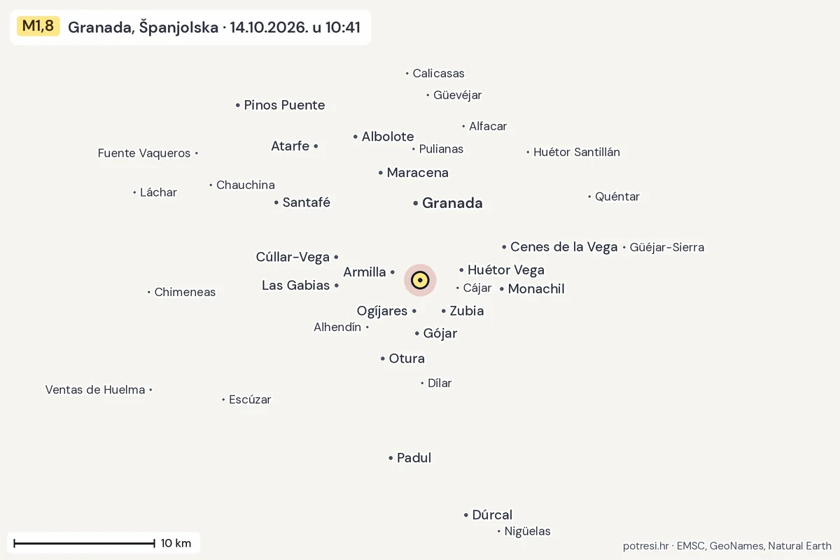 Karta: okolica epicentra, 60 km, potres M1,8, Granada, Španjolska, 14.10.2026.