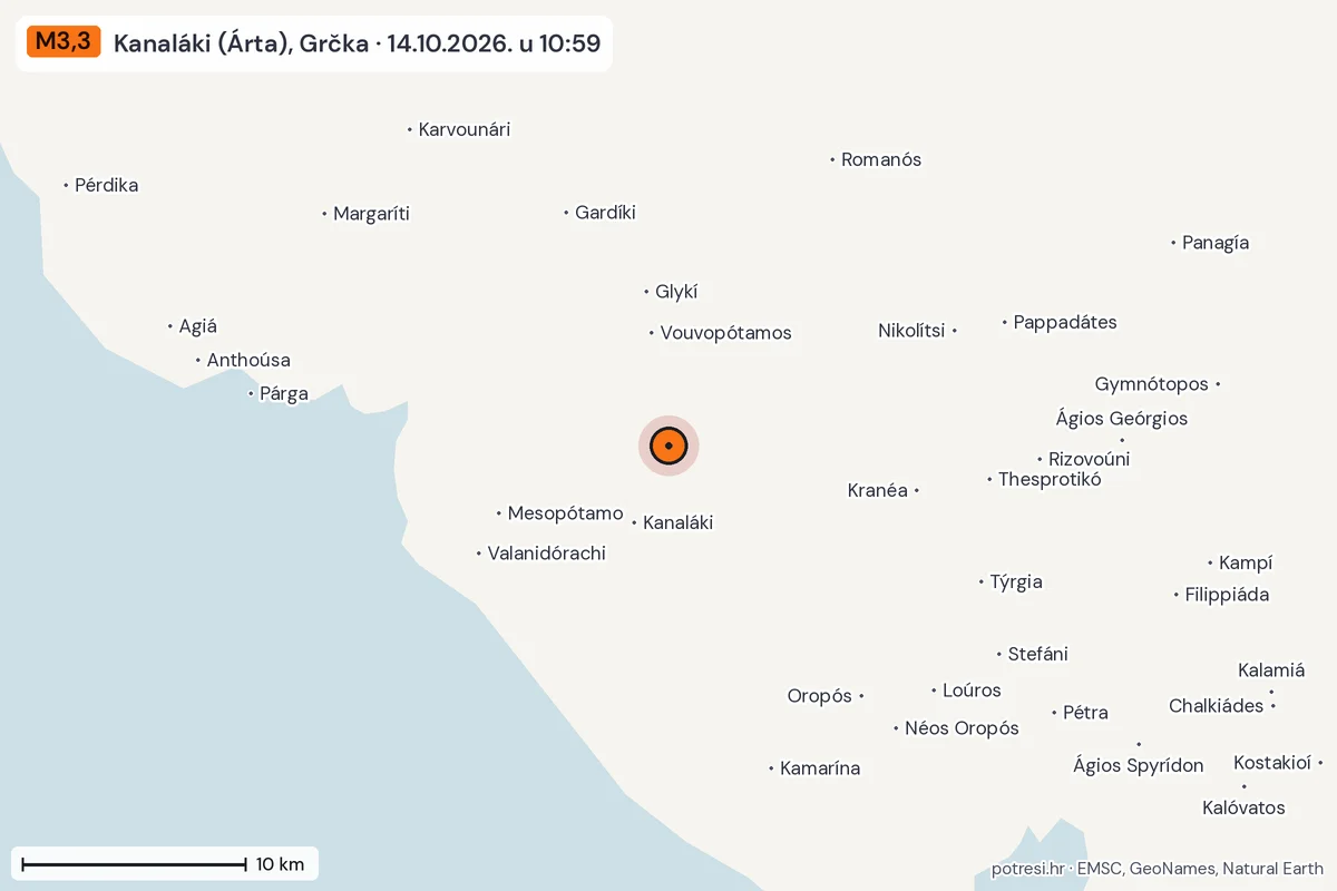 Karta: okolica epicentra, 60 km, potres M3,3, Kanaláki (Árta), Grčka, 14.10.2026.