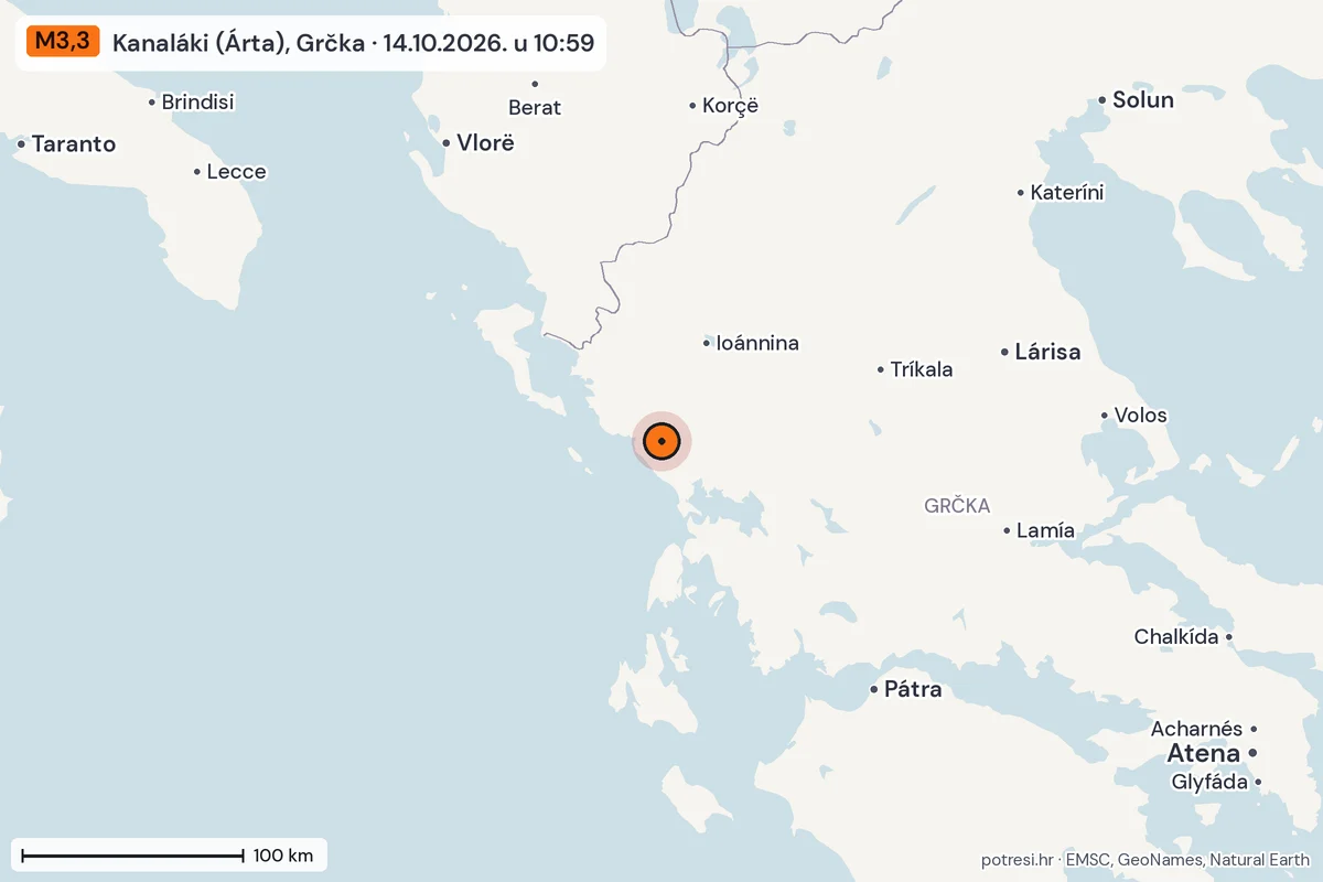 Karta: šire područje, 600 km, potres M3,3, Kanaláki (Árta), Grčka, 14.10.2026.