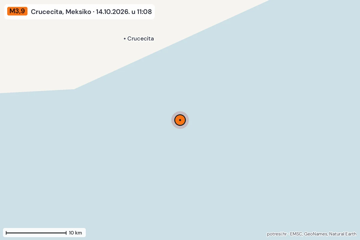 Karta: okolica epicentra, 60 km, potres M3,9, Crucecita, Meksiko, 14.10.2026.