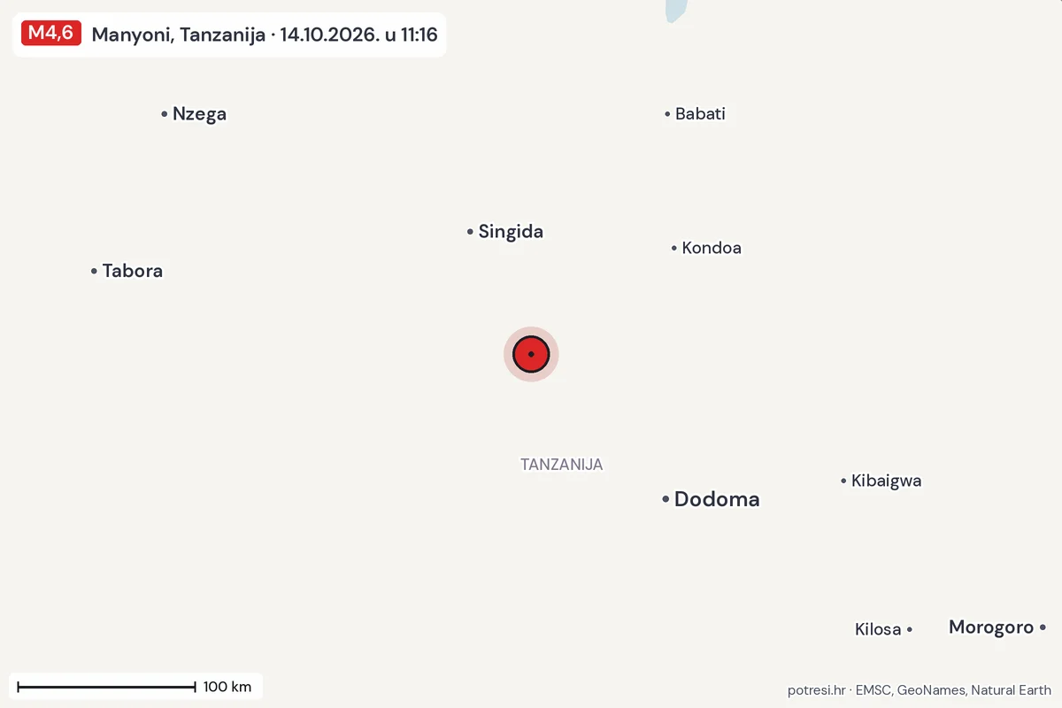 Karta: šire područje, 600 km, potres M4,6, Manyoni, Tanzanija, 14.10.2026.