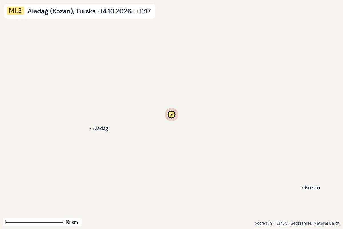 Karta: okolica epicentra, 60 km, potres M1,3, Aladağ (Kozan), Turska, 14.10.2026.