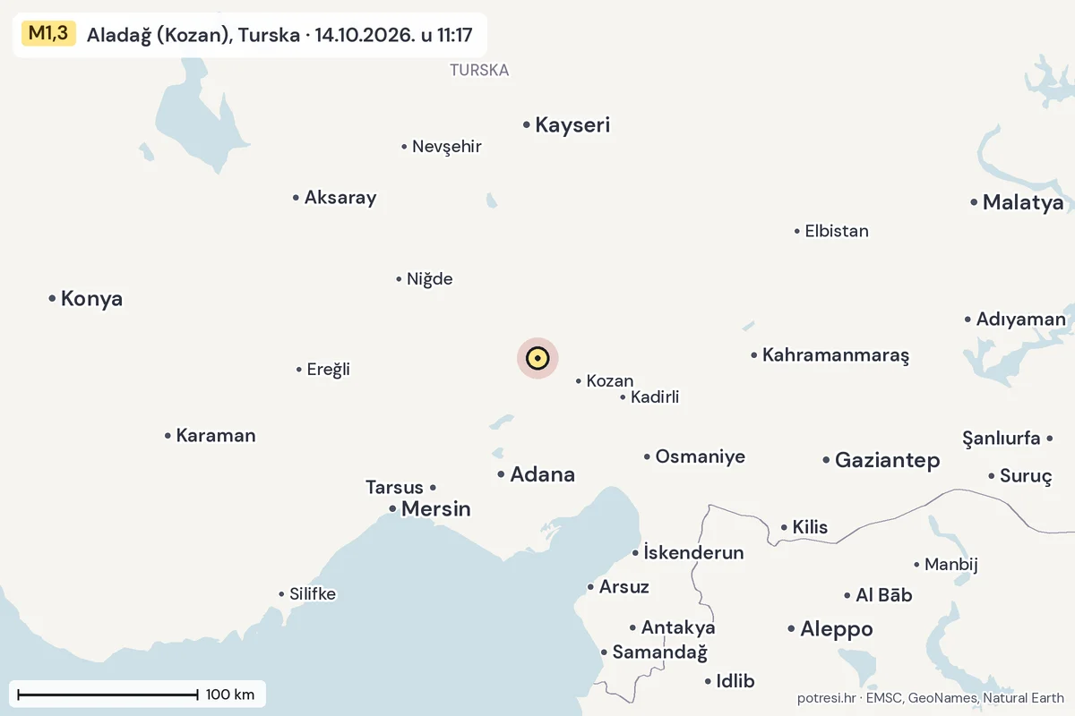 Karta: šire područje, 600 km, potres M1,3, Aladağ (Kozan), Turska, 14.10.2026.