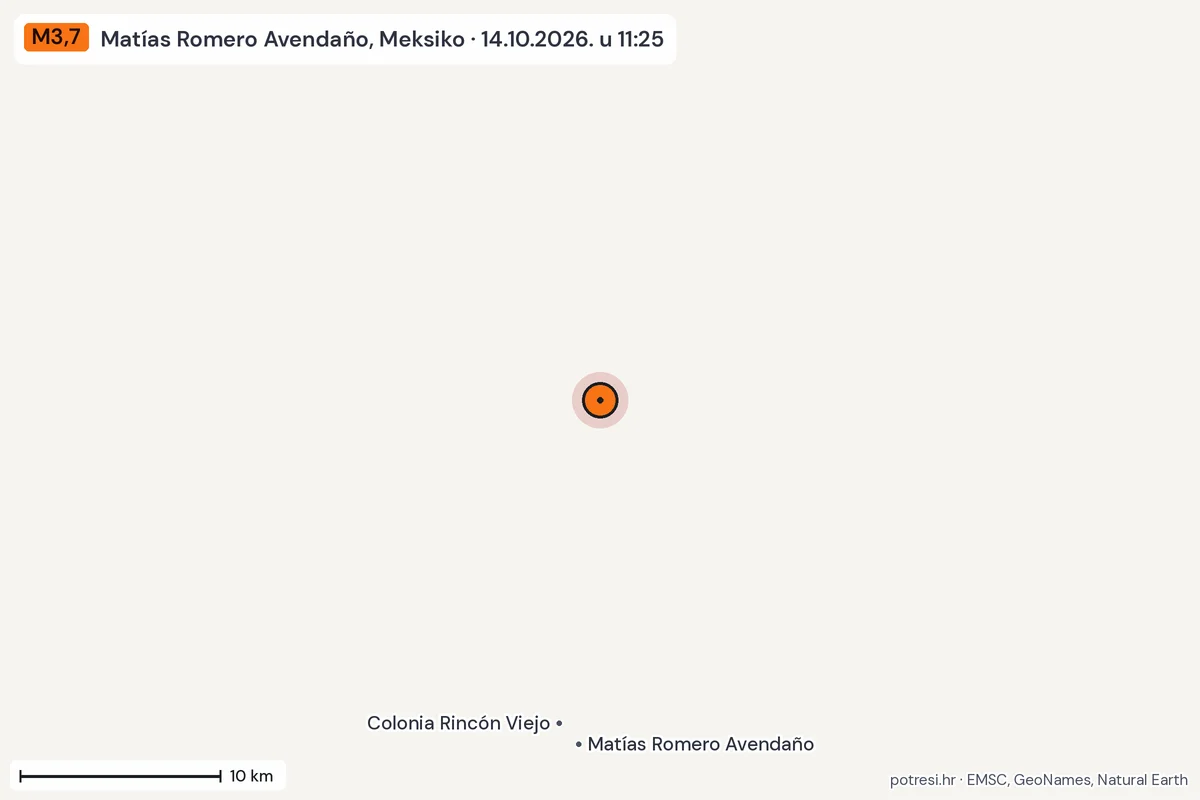 Karta: okolica epicentra, 60 km, potres M3,7, Matías Romero Avendaño, Meksiko, 14.10.2026.