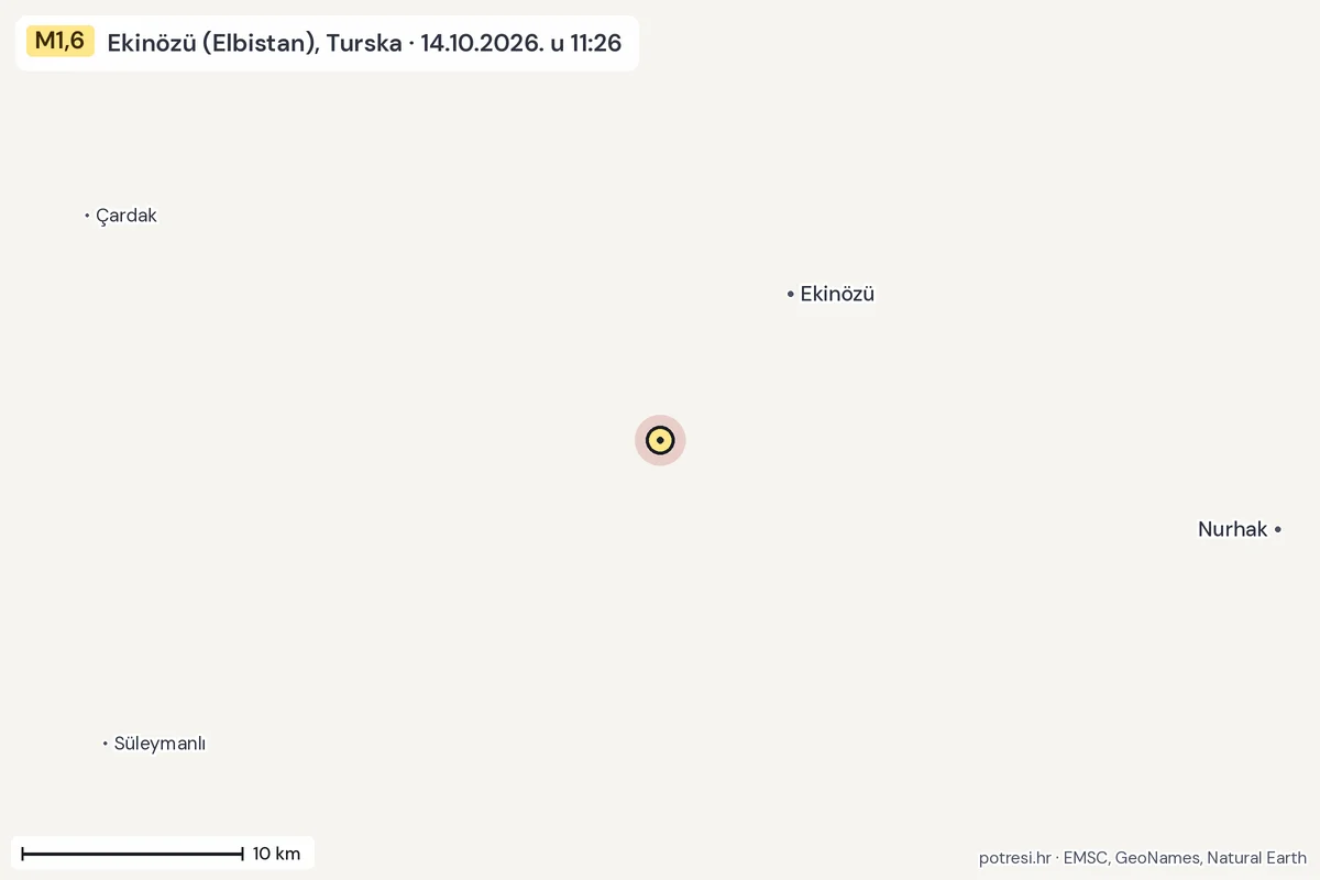 Karta: okolica epicentra, 60 km, potres M1,6, Ekinözü (Elbistan), Turska, 14.10.2026.