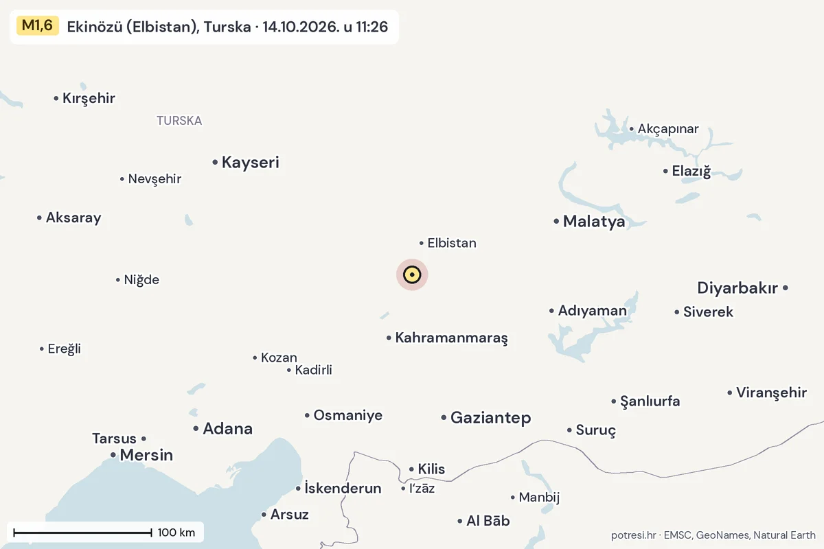 Karta: šire područje, 600 km, potres M1,6, Ekinözü (Elbistan), Turska, 14.10.2026.