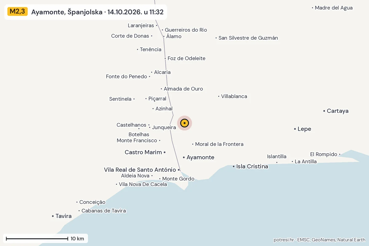 Karta: okolica epicentra, 60 km, potres M2,3, Ayamonte, Španjolska, 14.10.2026.