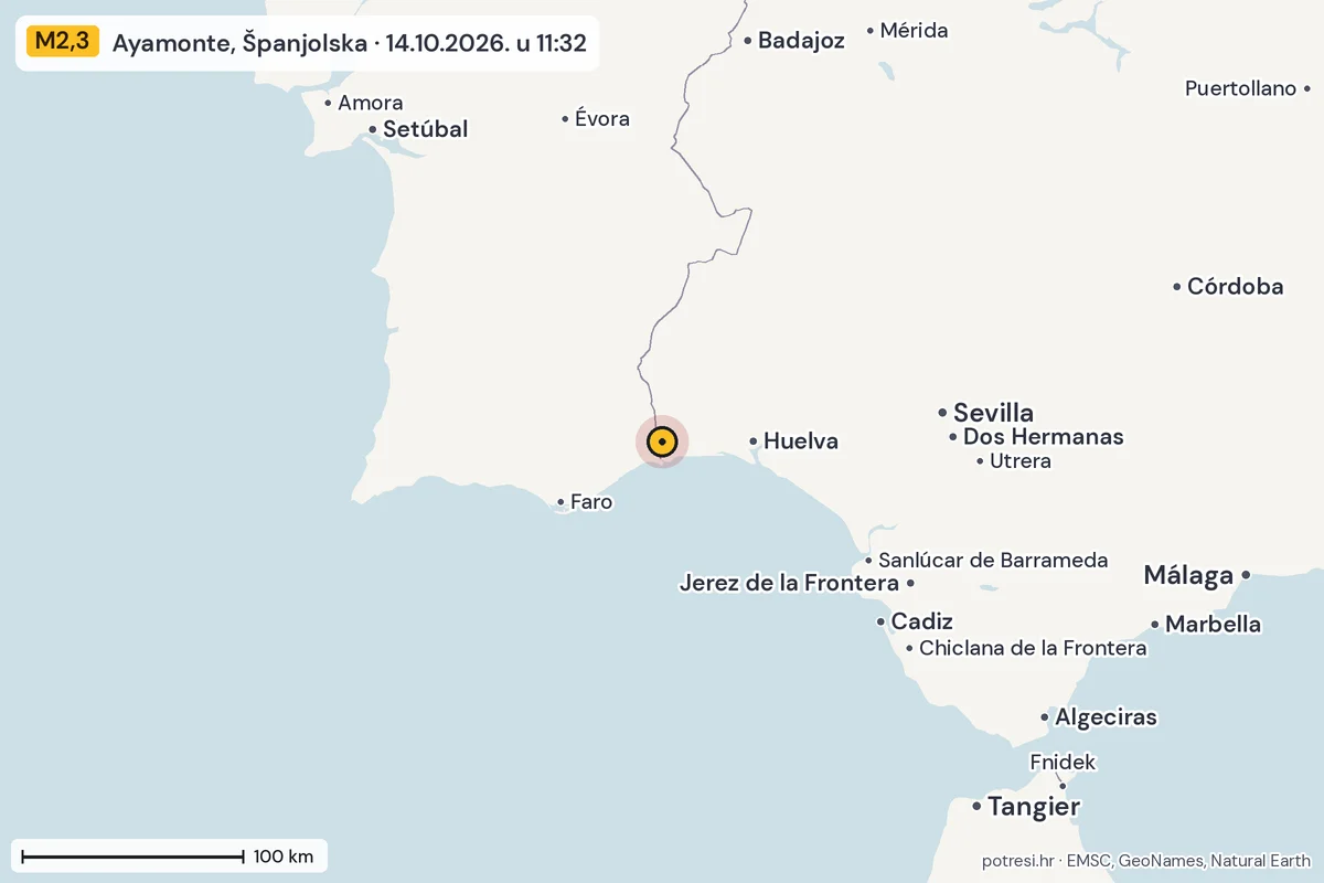 Karta: šire područje, 600 km, potres M2,3, Ayamonte, Španjolska, 14.10.2026.