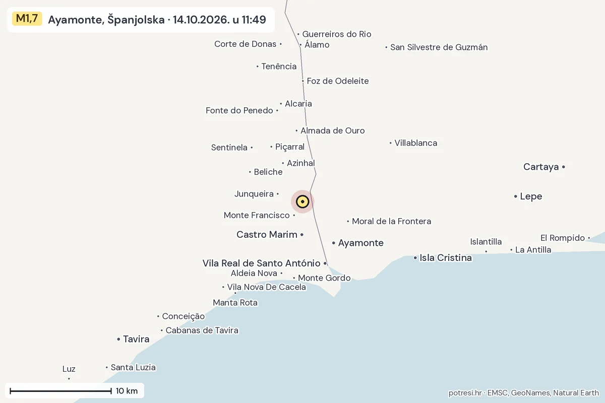 Karta: okolica epicentra, 60 km, potres M1,7, Ayamonte, Španjolska, 14.10.2026.